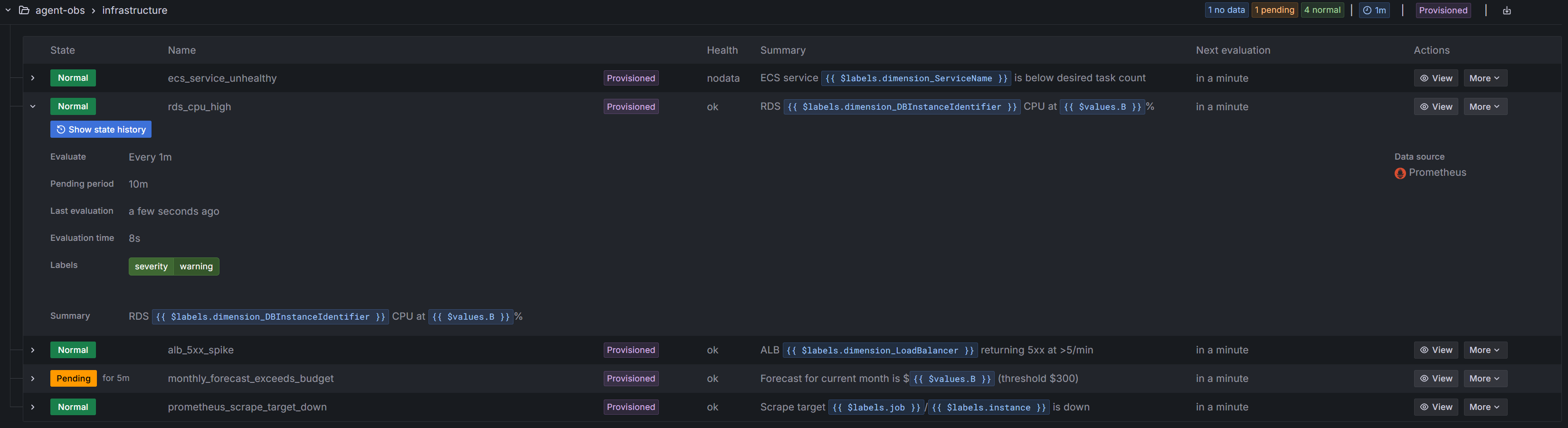 Grafana Alerting page showing the 5 built-in rules in the agent-obs/infrastructure group